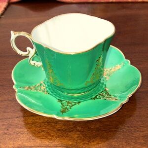 Rare Aynsley vintage bone china tea cup & saucer, bright green/gold gilt trim